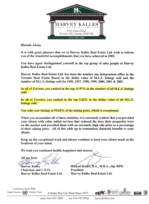 Real Estate Sales and Listing Statistics for Rhonda Abony and Perry Steinberg 2002