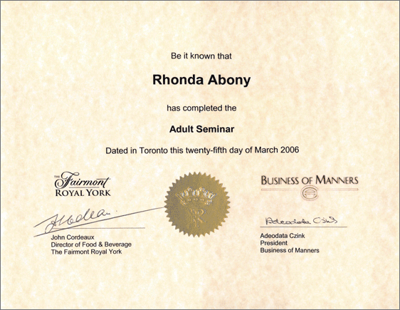 Rhonda Abony Certificate Business of Manners