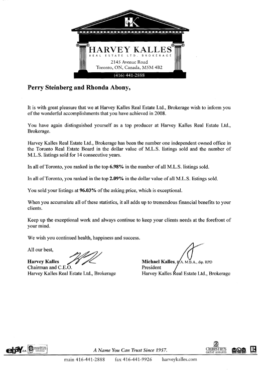 Harvey Kalles Sales Rankings for Rhonda and Perry 2008
